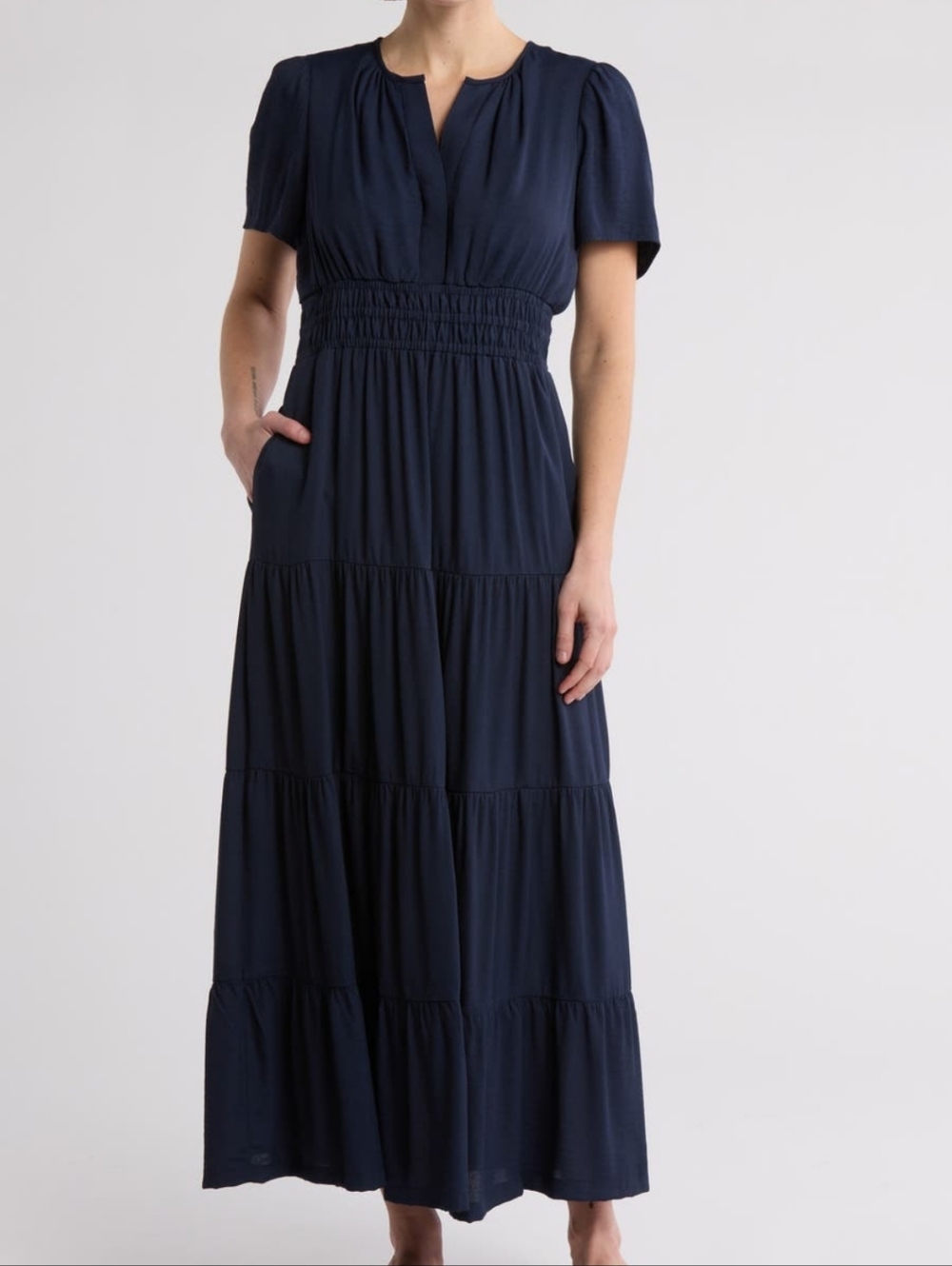 NWT Love By Design Tiered Maxi Woven Dress With Pockets Navy Blue Small